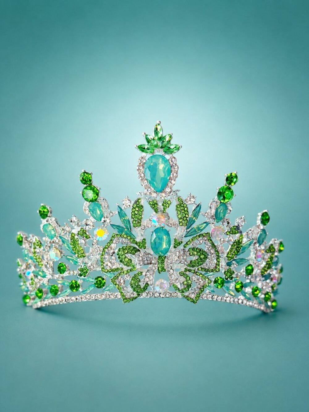 Green Peacock Crystal Tiara, Silver Rhinestone Crown, Wedding Pageant Prom crown